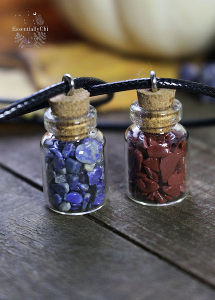 Crystal Chip Bottle necklaces in Red Jasper and Lapis Lazuli for a fun and simple style and fairy like charm. Hung on a black waxed cotton cord.