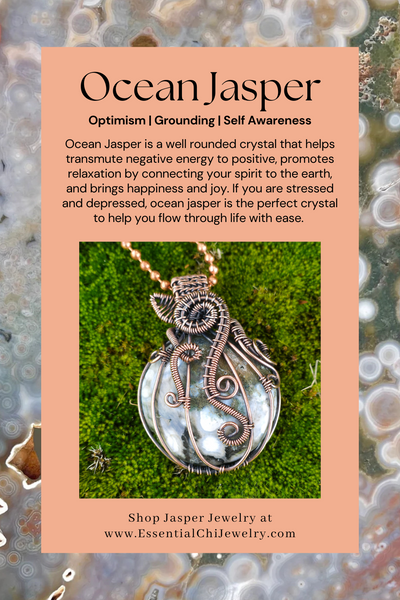 ocean jasper metaphysical properties on a flyer. Optimism, grounding, and self awareness as well as happiness and joy. Helps transmute negative energy to positive, the ultimate crystal for those who are stressed and need a pick me up.