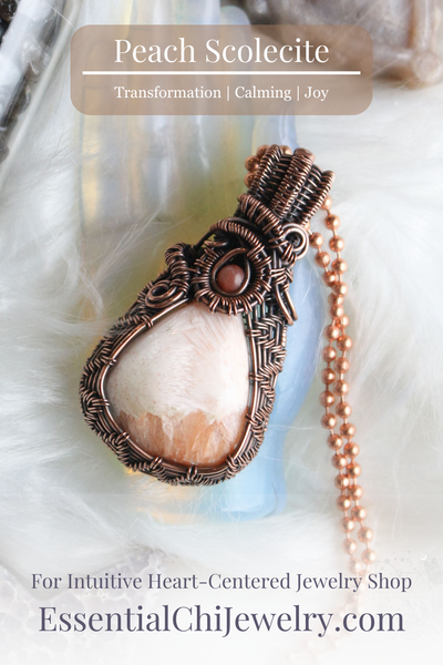 Elevate your spiritual style with our Peach Scolecite Copper Wire Wrapped Necklace. Delicately woven copper embraces a teardrop-shaped peach scolecite, accompanied by a pink jasper in the bail. This handcrafted masterpiece exudes calming energy, promoting emotional healing and spiritual upliftment. Perfect for Libra & Capricorn zodiacs, this necklace aligns with the crown and third eye chakras, fostering a sense of tranquility and connecting you to the divine feminine energy.