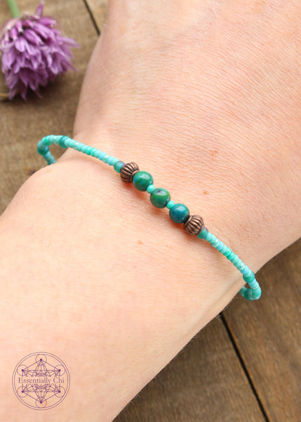 Beaded Stretchy Boho Stacker Bracelets. 4mm Chrysocolla beads with Sea foam, aqua green , and silver seed beads.