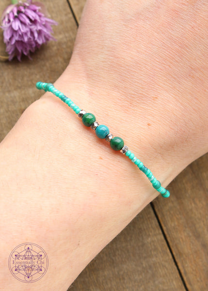 Beaded Stretchy Boho Stacker Bracelets. 4mm Chrysocolla beads with Sea foam, aqua green , and silver seed beads.