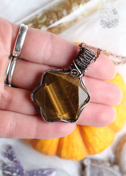 "Persephone" Tiger Eye Copper Wire Wrapped Necklace featuring a faceted hexagon crystal shape. This necklace embodies the transformative qualities of Tiger Eye, empowering wearers to embrace change and emerge stronger than before.