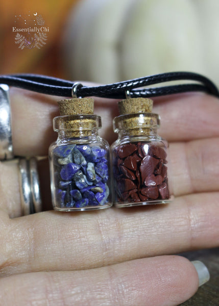 Crystal Chip Bottle necklaces in Red Jasper and Lapis Lazuli for a fun and simple style and fairy like charm. Hung on a black waxed cotton cord.