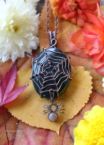 Bloodstone Spider Web Copper Wire Wrapped Necklace