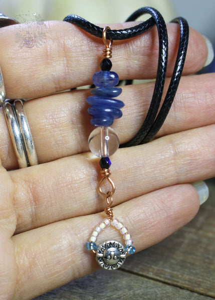 Blue Kyanite & Clear Quartz Simple Copper Wire Wrapped Necklace - A versatile crystal pendant for enhanced communication and inner harmony, highlighting the sun charm at the base of the pendant