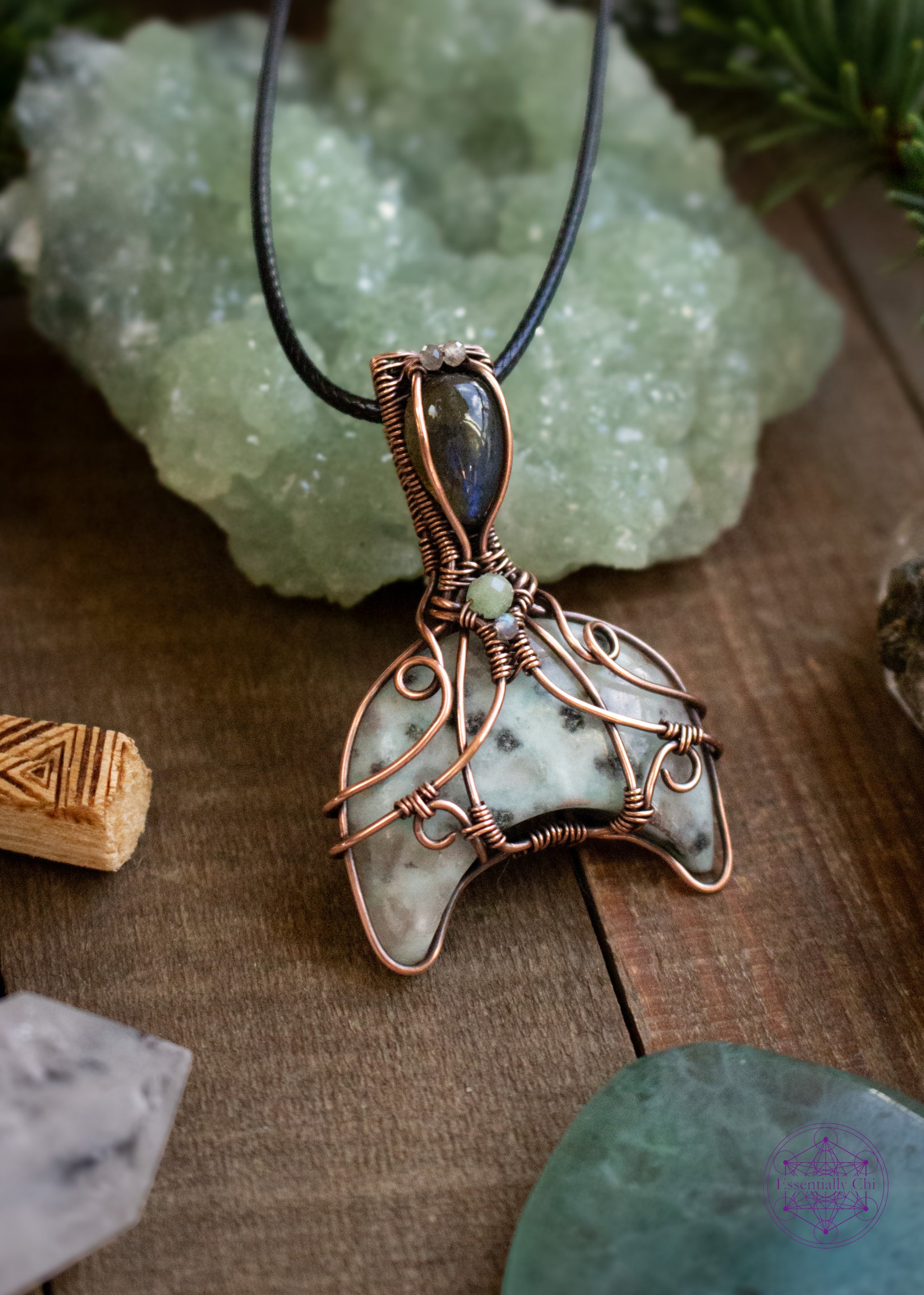 Hope the Whale - Kiwi Jasper Copper Wire Wrapped Necklace