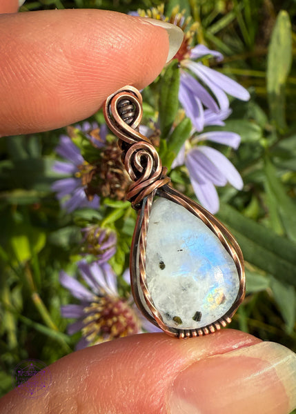 Beautiful Rainforest moonstone teardrop pendant wrapped in copper wire is a dainty small crystal pendant. The front square wires are twisted over the edge of the crystal and the bail has a few elegant swoops. Held in hand in front of purple asters to enhance the elegant look. Blue flashes showing at the bottom right of the crystal.