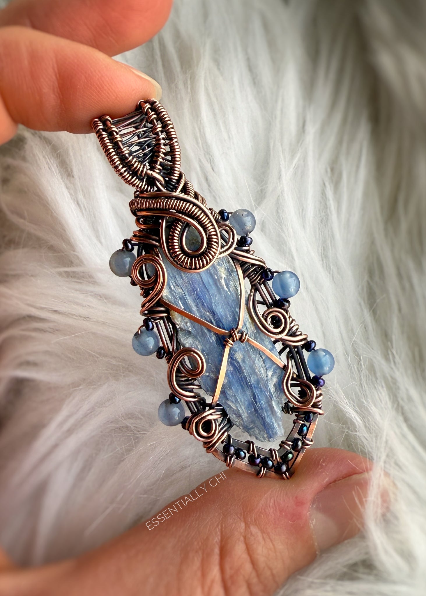 Blue Morpho Kyanite Necklace Wrapped In Copper Wire