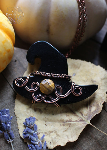 Black Obsidian Witches' Hat and Tiger Eye Copper Wire Wrapped Necklace - A bewitching statement piece for the mystical at heart.