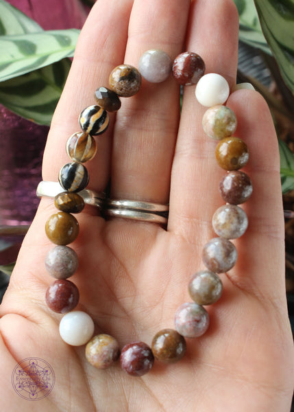 Crystal stretch bracelet tibetan agate, tiger eye, and ocean jasper 8mm beads.