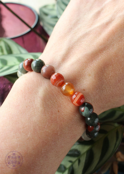 crystal stretch bracelet with carnelian beads and african bloodstone 8mm beads.