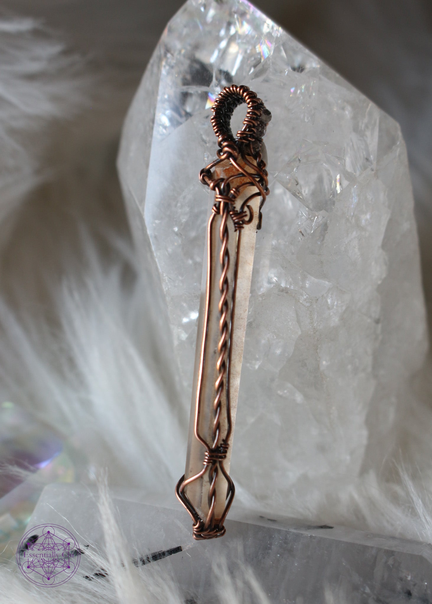 Malachite Rutilated Quartz Copper Wire Wrapped Feather Hair Pin Wand 14.5 Inch Copper Feather Handcrafted & Artisan Jewelry for sale | eBay main image 2
