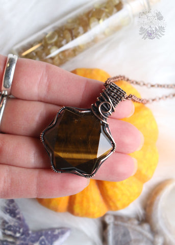 "Persephone" Tiger Eye Copper Wire Wrapped Necklace featuring a faceted hexagon crystal shape. This necklace embodies the transformative qualities of Tiger Eye, empowering wearers to embrace change and emerge stronger than before.