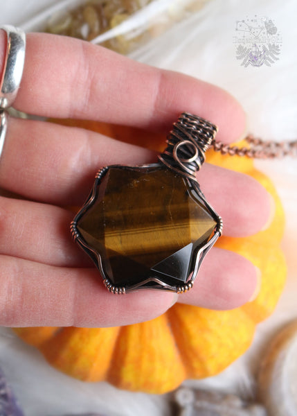 "Persephone" Tiger Eye Copper Wire Wrapped Necklace featuring a faceted hexagon crystal shape. This necklace embodies the transformative qualities of Tiger Eye, empowering wearers to embrace change and emerge stronger than before.