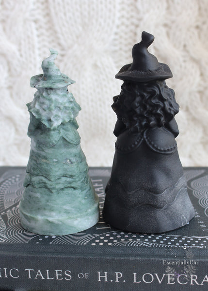 Need some witchy Halloween decor? These crystal witches holding a jack-o-lantern add the right amount of spookiness to your altar. Choose between the green witch for luck in Lushan Jade or the black witch for protection in Black Obsidian.