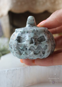 Have a Happy Halloween with this Spooky Kiwi Jasper Pumpkin. It's sure to bring good cheer and happiness to your space. Kiwi Jasper Meaning -a nurturing stone, supporting during stressful times & uplifting. She helps with depression and brings a sense of peace to your day. Kiwi Jasper helps with addictive or compulsive behavior. Its ability to absorb negative energies allows only positive light to shine upon our aura. Crystal Carved Pumpkin