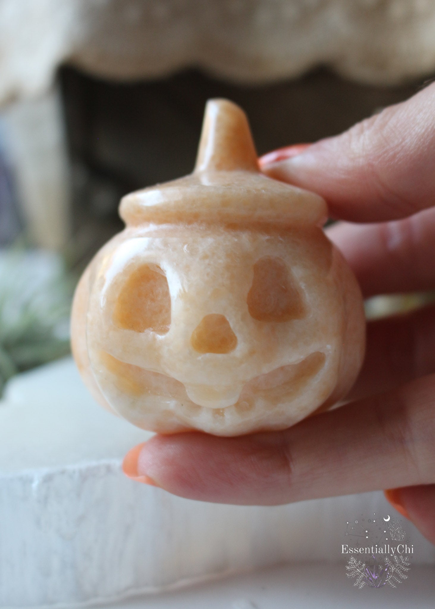 Nothing says Happy Halloween than a cute orange pumpkin. This beautiful Orange Calcite pumpkin is a real gem for creative energy. Orange Calcite Meaning - Orange Calcite helps encourage playfulness, lightheartedness, and confidence and is a catalyst for inspiration, sparking your creative fire. If you are fighting stagnant energy, Orange Calcite can help cure a lazy streak and keep you focused. This energy also helps improve psychic abilities and aligning your thought with your willpower. 