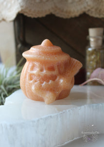 Nothing says Happy Halloween than a spooky witchy pumpkin. This beautiful Orange Calcite pumpkin is a real gem for creative energy. This Pumpkin carving is carrying a witch's broom and witch's hat while scaring all the little kiddos away with his spooky face. Sure to keep all the evil spirits at bay! Orange Calcite Meaning - Orange Calcite helps encourage playfulness, lightheartedness, and confidence and is a catalyst for inspiration, sparking your creative fire. She also fights stagnant energy.